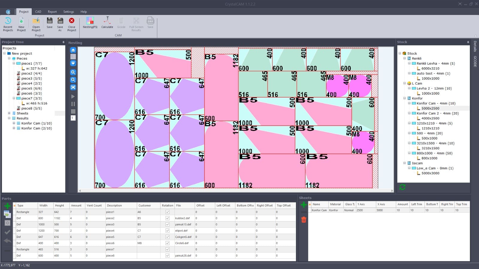 CrystalCAM optimizasyon, seçenekler ve şekil oluşturma ekranı
